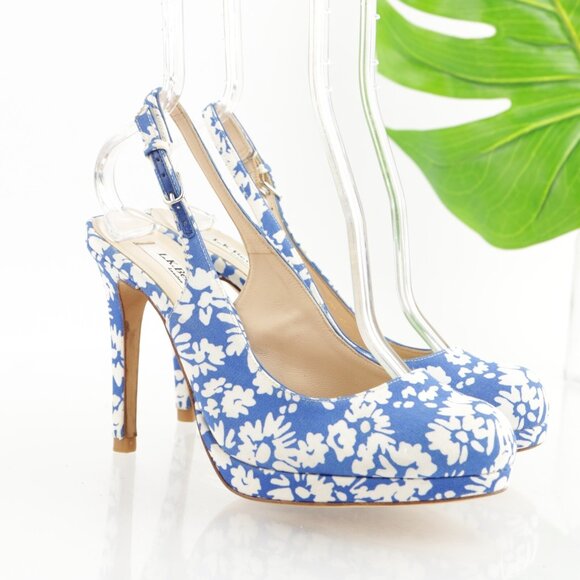 LK Bennett Women Clemmie Pump Size 38.5 8.5 Blue White Floral Slingback Platform - Picture 15 of 16